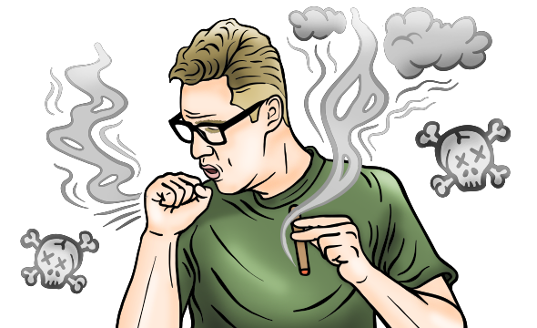 Illustration of man smoking and coughing. The smoke forms little skulls